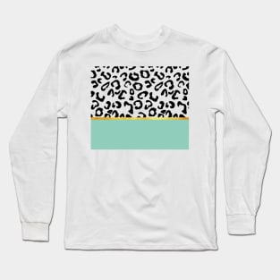 Black and white leopard print on mint, golden lining Long Sleeve T-Shirt